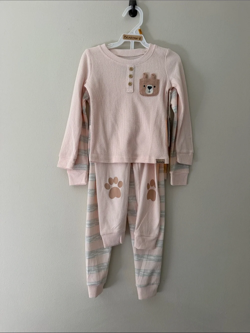 BearPaw Pink and Gray Striped Kids Thermal Pajama Set